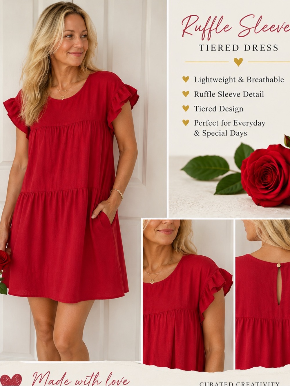 Bright Red Tiered Ruffle Sleeve Dress ❤️ 100% Cotton